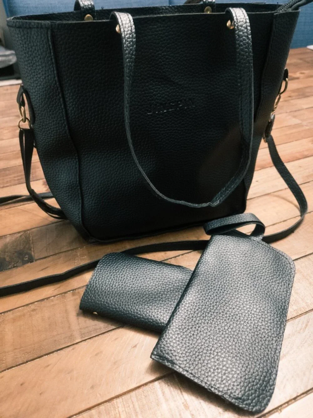 Jingpin 3pc Bag Set Black Pebbled Faux Leather Tote Matching Wallets‎
